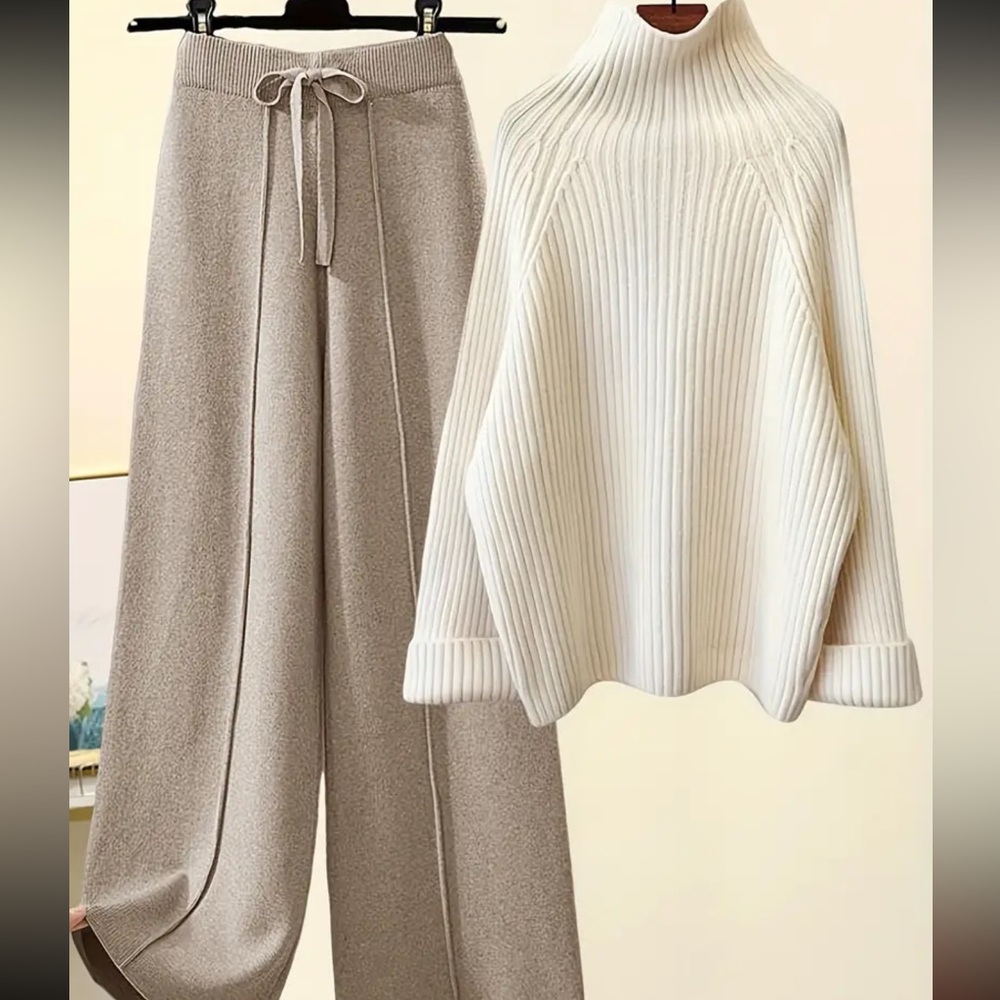 Elegant Cream Sweater and Tan Wide-Leg Pants Set